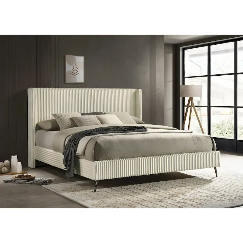 Wide Wale Corduroy Upholstery Panel Bed King Size Wing Back Headboard