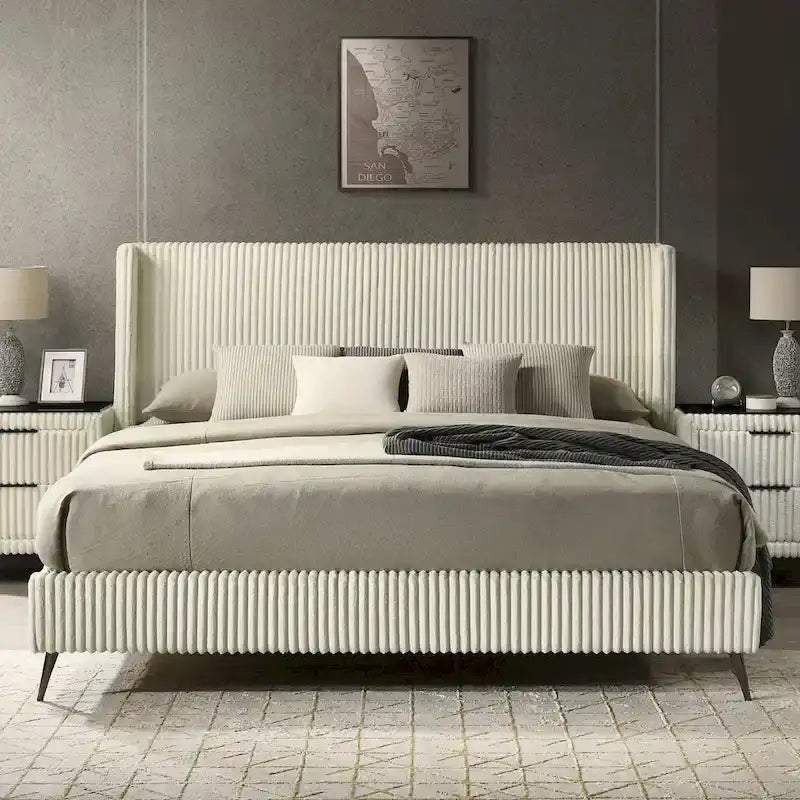 Wide Wale Corduroy Upholstery Panel Bed King Size Wing Back Headboard