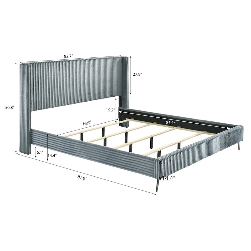 Cama de panel tamaño king tapizada en pana de canal ancho con cabecero alto tipo wingback