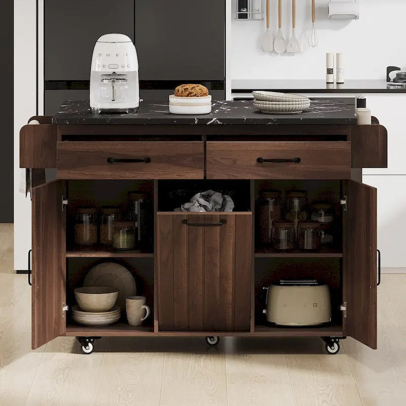 Isola da cucina con mobile contenitore per bidone della spazzatura e carrello da cucina con piano ribaltabile