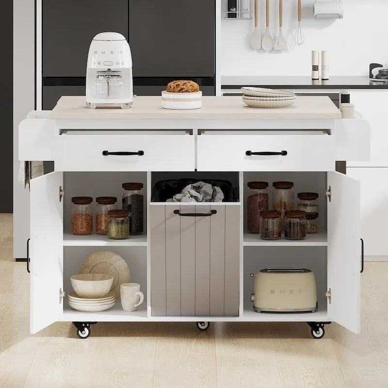 Kitchen Island with Trash Can Storage Cabinet, Kitchen Cart with Drop Leaf