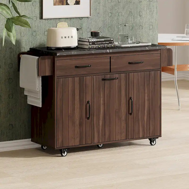 Kitchen Island with Trash Can Storage Cabinet, Kitchen Cart with Drop Leaf