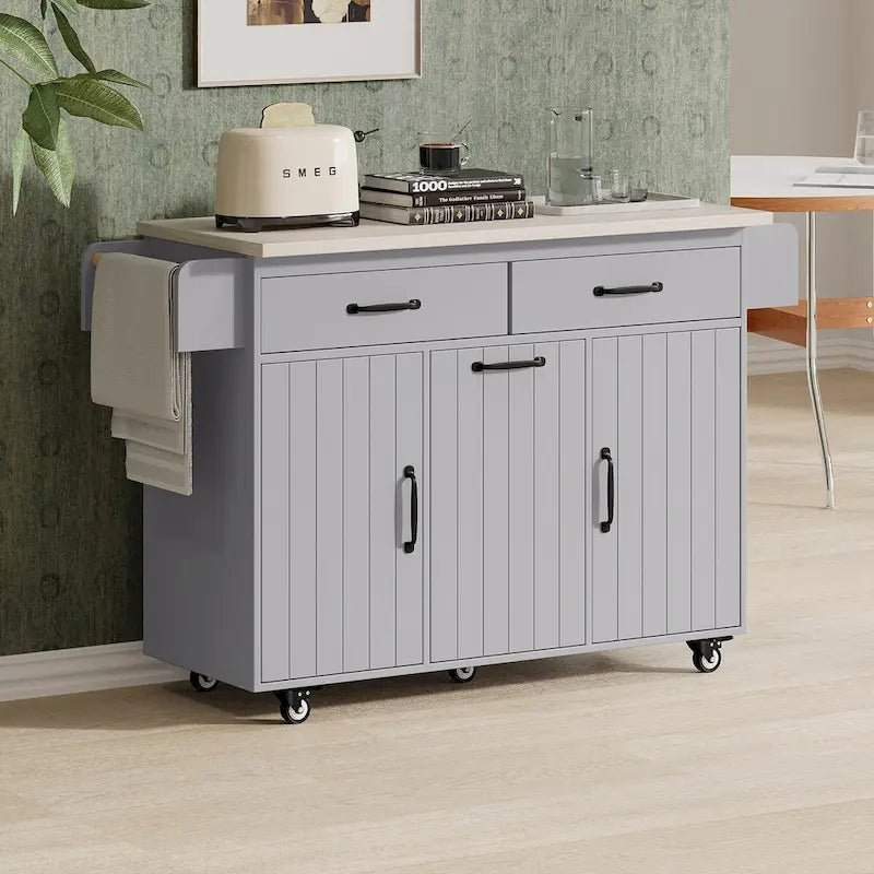 Kitchen Island with Trash Can Storage Cabinet, Kitchen Cart with Drop Leaf