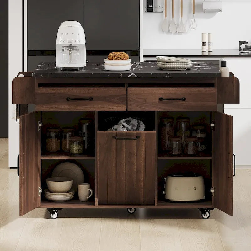 Isola da cucina con mobile contenitore per bidone della spazzatura e carrello da cucina con piano ribaltabile