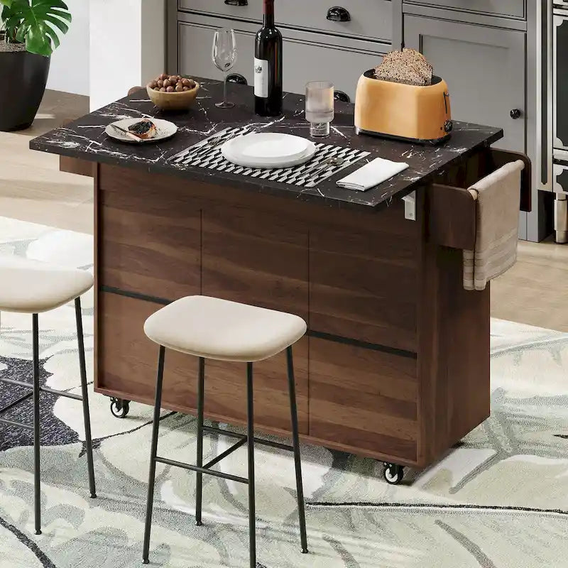 Kitchen Island with Trash Can Storage Cabinet, Kitchen Cart with Drop Leaf