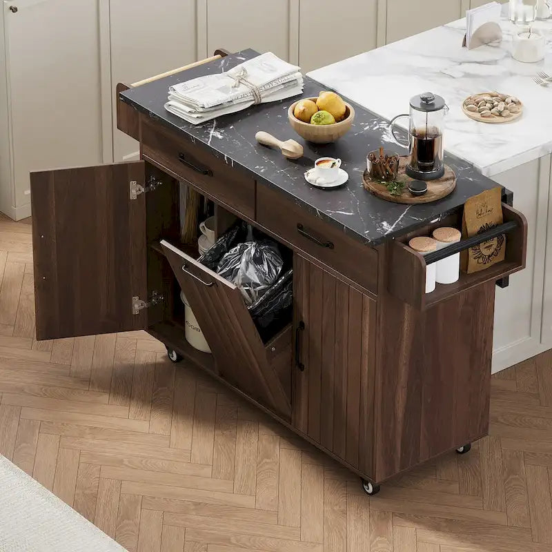 Isola da cucina con mobile contenitore per bidone della spazzatura e carrello da cucina con piano ribaltabile