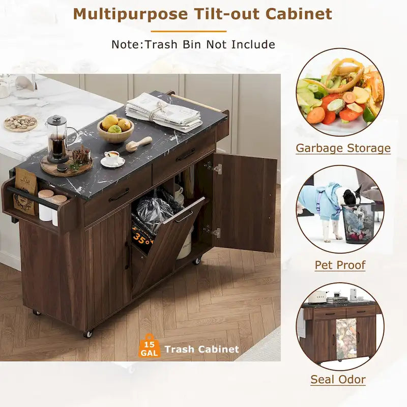 Isola da cucina con mobile contenitore per bidone della spazzatura e carrello da cucina con piano ribaltabile