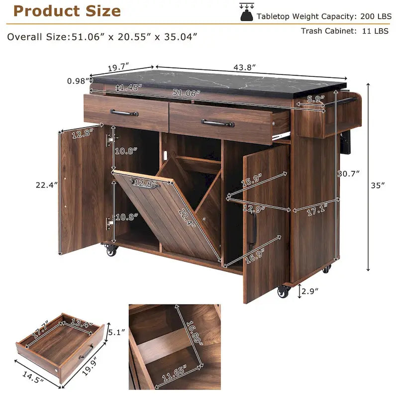 Isola da cucina con mobile contenitore per bidone della spazzatura e carrello da cucina con piano ribaltabile