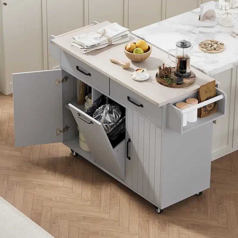 Isola da cucina con mobile contenitore per bidone della spazzatura e carrello da cucina con piano ribaltabile