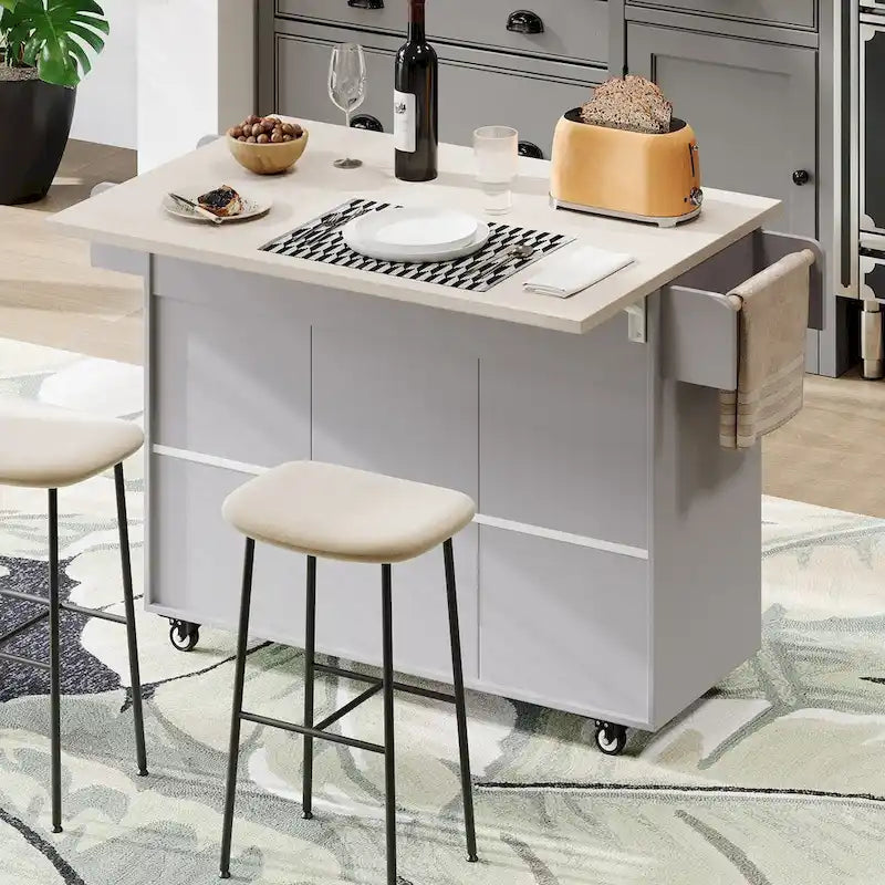 Isola da cucina con mobile contenitore per bidone della spazzatura e carrello da cucina con piano ribaltabile