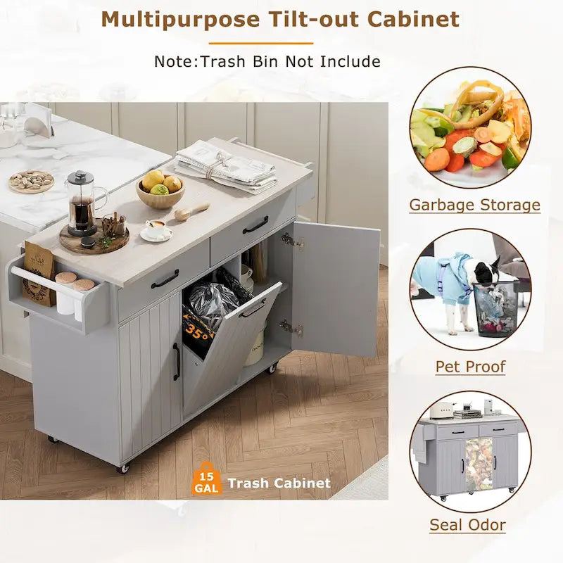 Isola da cucina con mobile contenitore per bidone della spazzatura e carrello da cucina con piano ribaltabile
