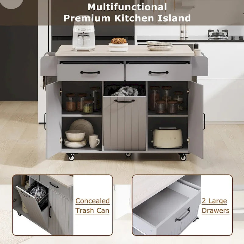 Isola da cucina con mobile contenitore per bidone della spazzatura e carrello da cucina con piano ribaltabile