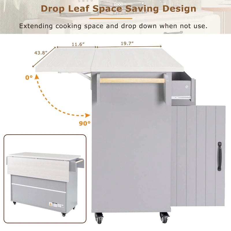 Isola da cucina con mobile contenitore per bidone della spazzatura e carrello da cucina con piano ribaltabile