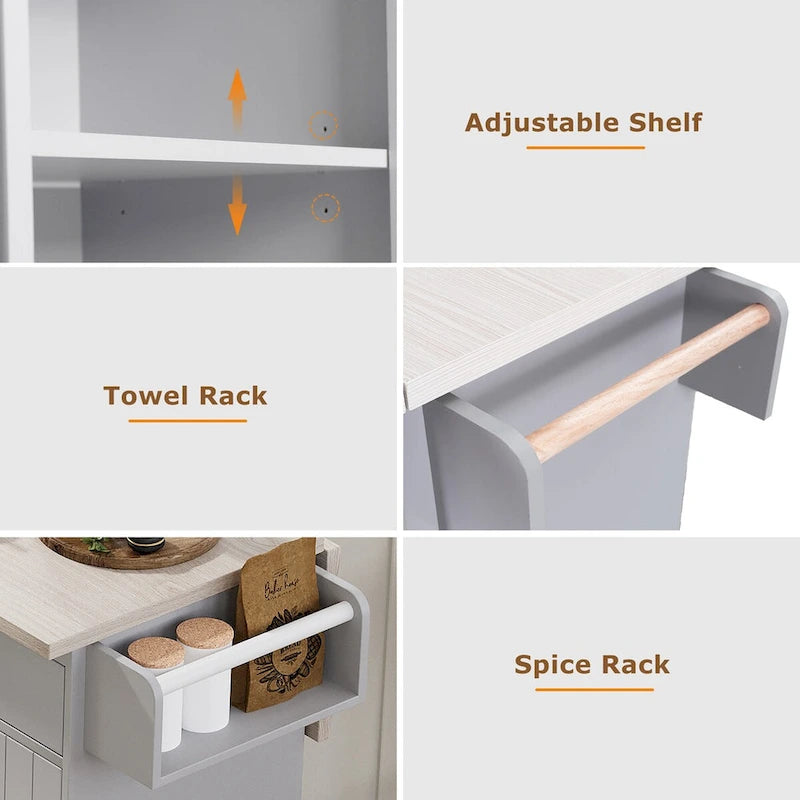Isola da cucina con mobile contenitore per bidone della spazzatura e carrello da cucina con piano ribaltabile