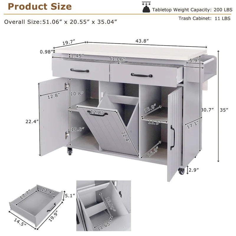 Isola da cucina con mobile contenitore per bidone della spazzatura e carrello da cucina con piano ribaltabile