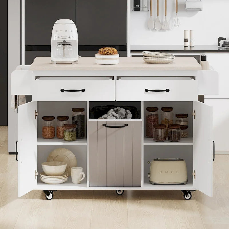 Isola da cucina con mobile contenitore per bidone della spazzatura e carrello da cucina con piano ribaltabile