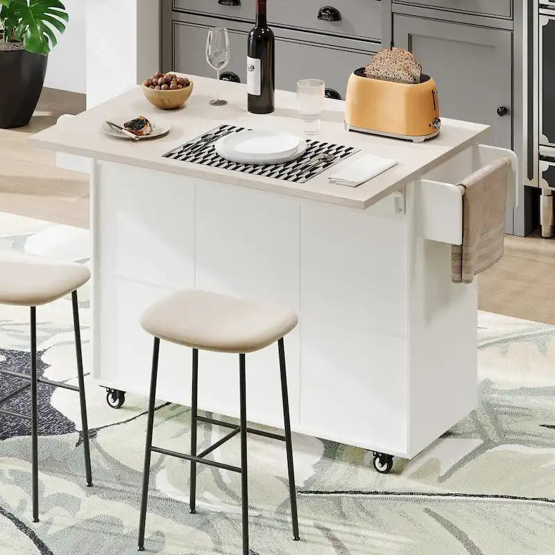 Isola da cucina con mobile contenitore per bidone della spazzatura e carrello da cucina con piano ribaltabile