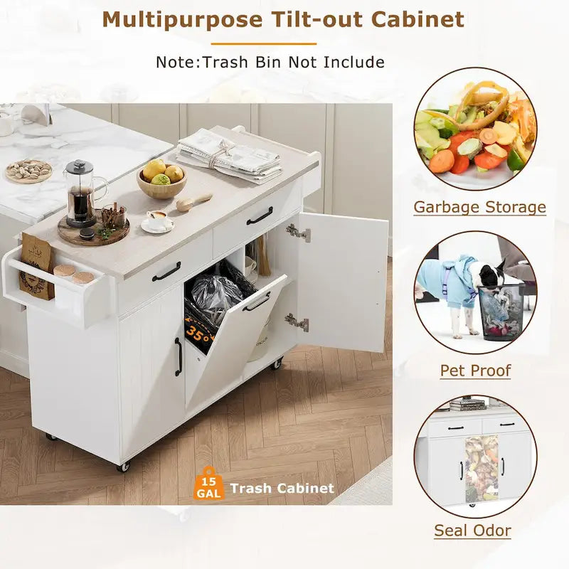 Isola da cucina con mobile contenitore per bidone della spazzatura e carrello da cucina con piano ribaltabile