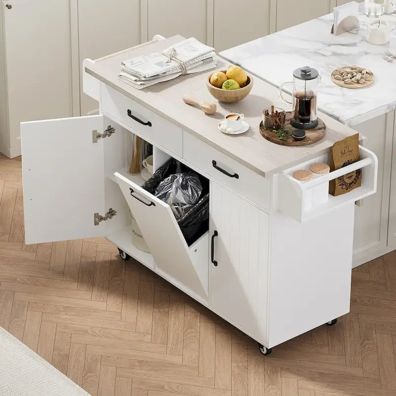 Isola da cucina con mobile contenitore per bidone della spazzatura e carrello da cucina con piano ribaltabile