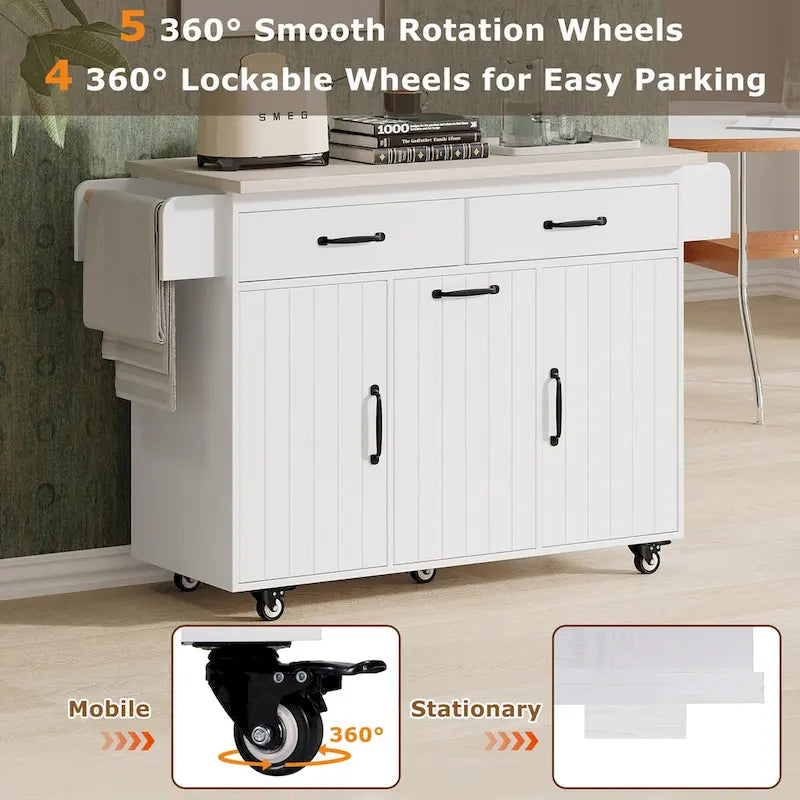 Isola da cucina con mobile contenitore per bidone della spazzatura e carrello da cucina con piano ribaltabile