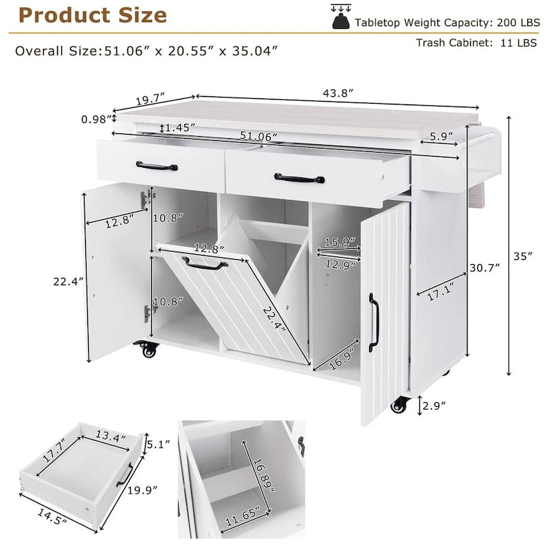 Isola da cucina con mobile contenitore per bidone della spazzatura e carrello da cucina con piano ribaltabile