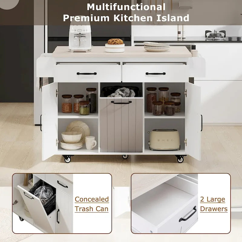 Isola da cucina con mobile contenitore per bidone della spazzatura e carrello da cucina con piano ribaltabile