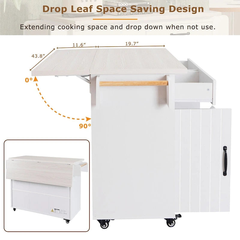 Isola da cucina con mobile contenitore per bidone della spazzatura e carrello da cucina con piano ribaltabile