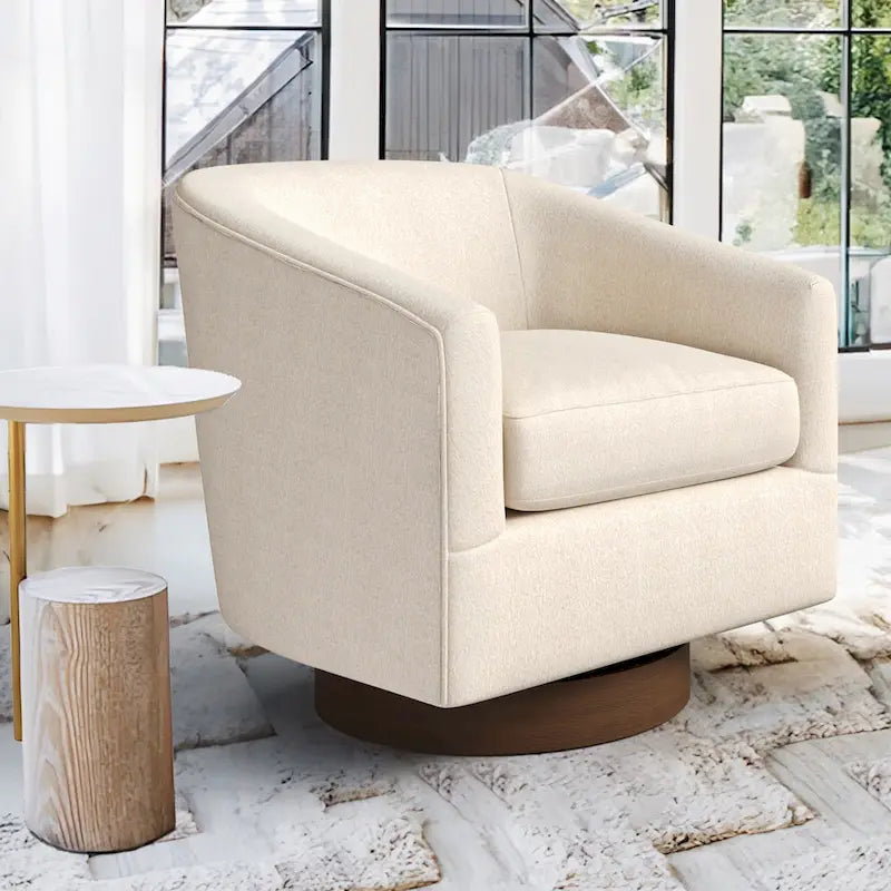 LUE BONA Modern Living Room Armchair Upholstered Wooden Barrel Swivel Accent Chair