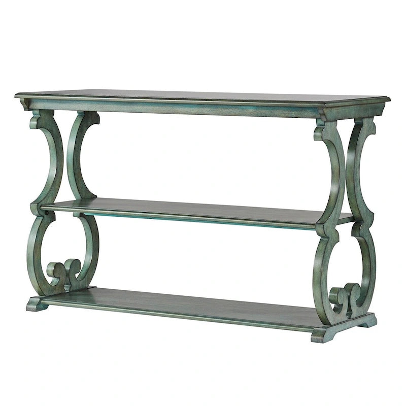 Wood Scroll Sofa Table Three-Tier Solid Wood Console with Storage