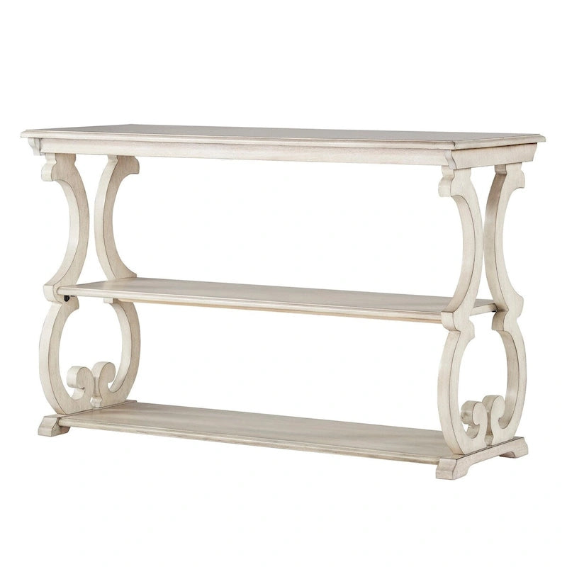 Wood Scroll Sofa Table Three-Tier Solid Wood Console with Storage