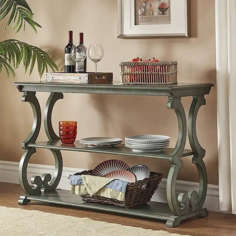 Wood Scroll Sofa Table Three-Tier Solid Wood Console with Storage