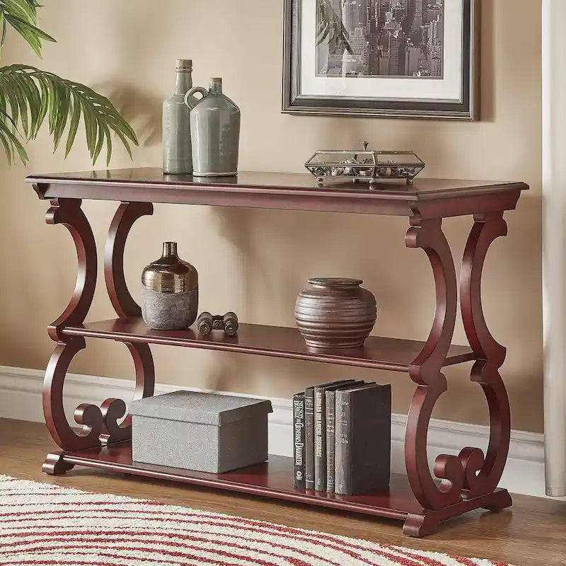 Wood Scroll Sofa Table Three-Tier Solid Wood Console with Storage
