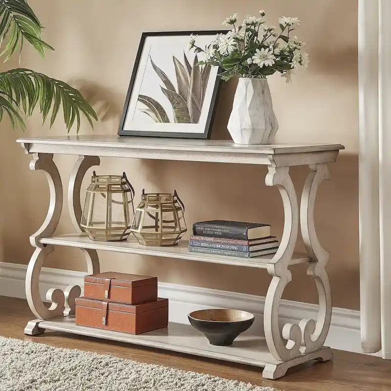 Wood Scroll Sofa Table Three-Tier Solid Wood Console with Storage