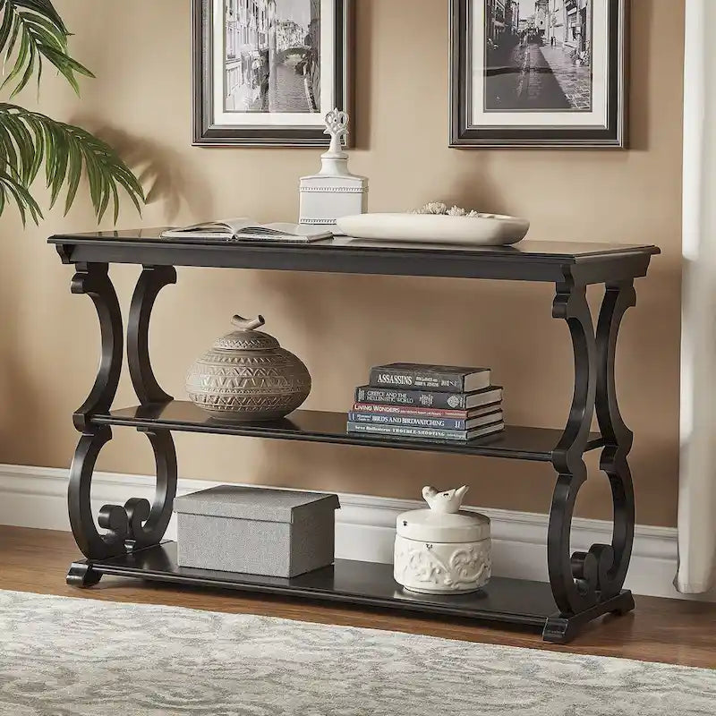 Wood Scroll Sofa Table Three-Tier Solid Wood Console with Storage