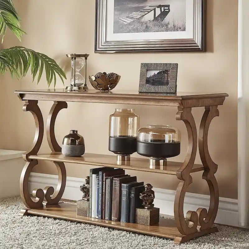 Wood Scroll Sofa Table Three-Tier Solid Wood Console with Storage