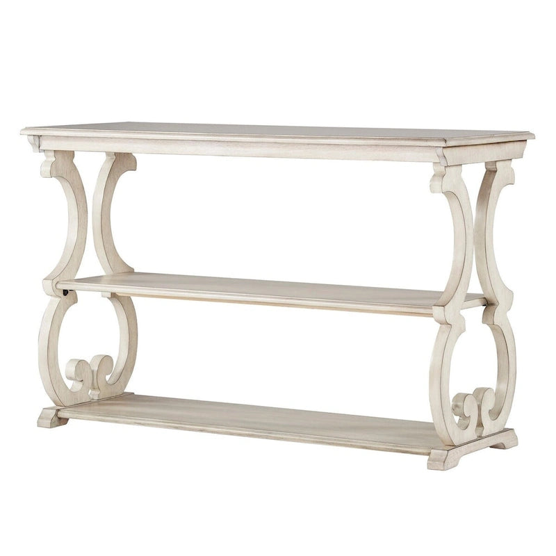 Wood Scroll Sofa Table Three-Tier Solid Wood Console with Storage