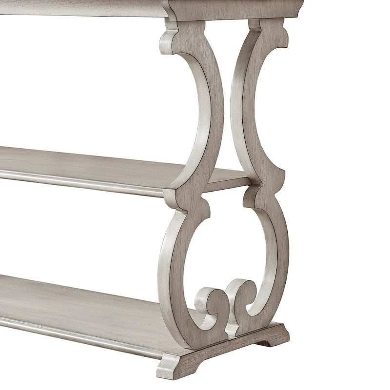 Wood Scroll Sofa Table Three-Tier Solid Wood Console with Storage