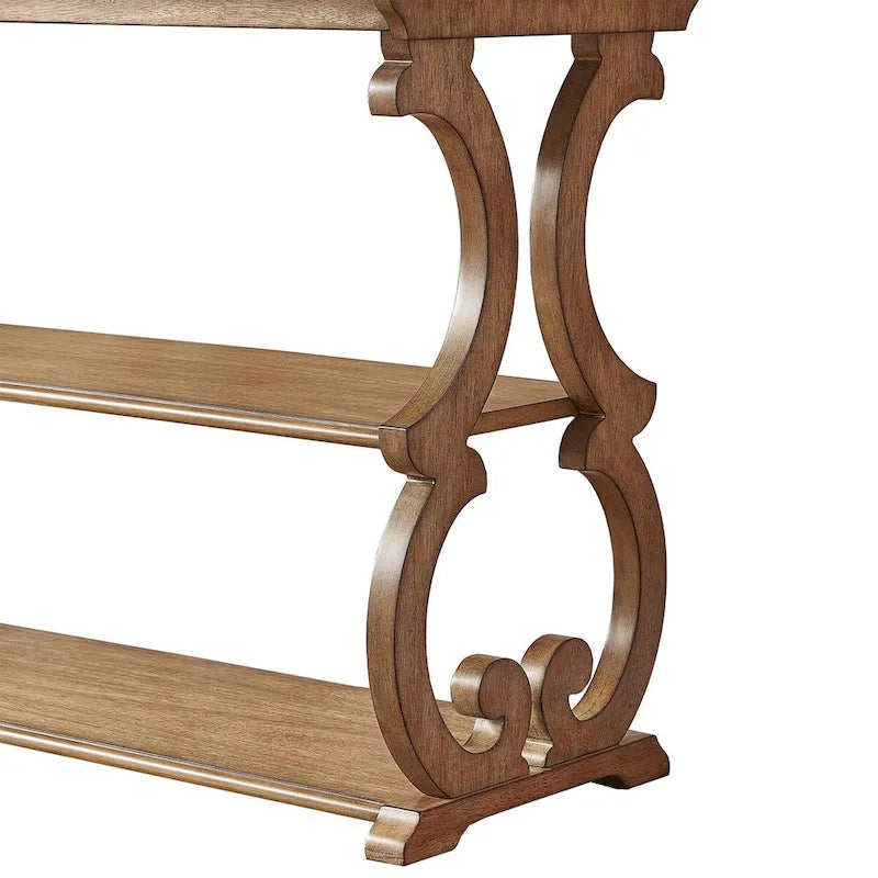 Wood Scroll Sofa Table Three-Tier Solid Wood Console with Storage