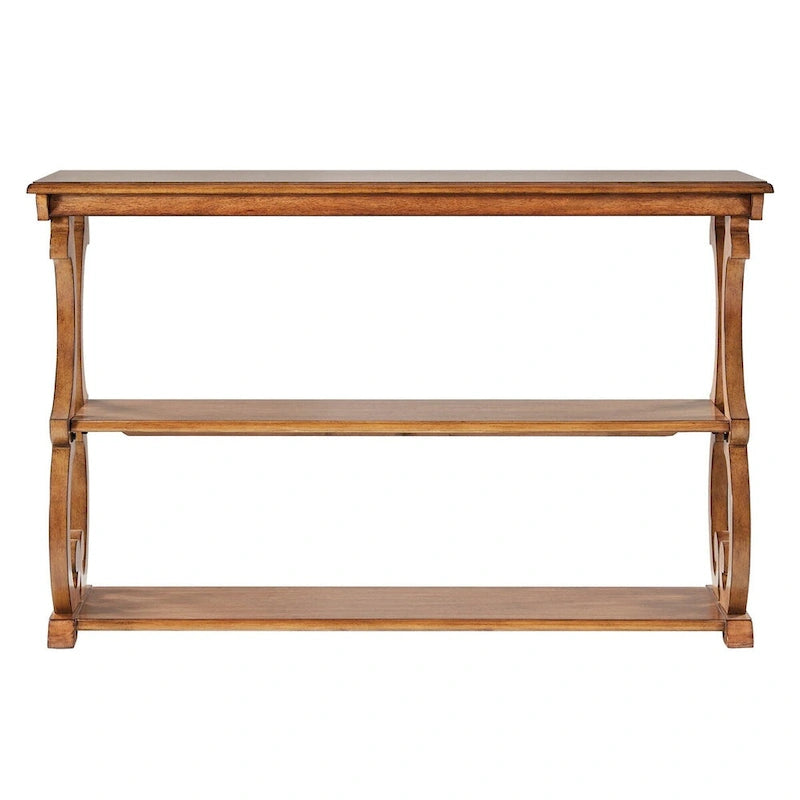Wood Scroll Sofa Table Three-Tier Solid Wood Console with Storage