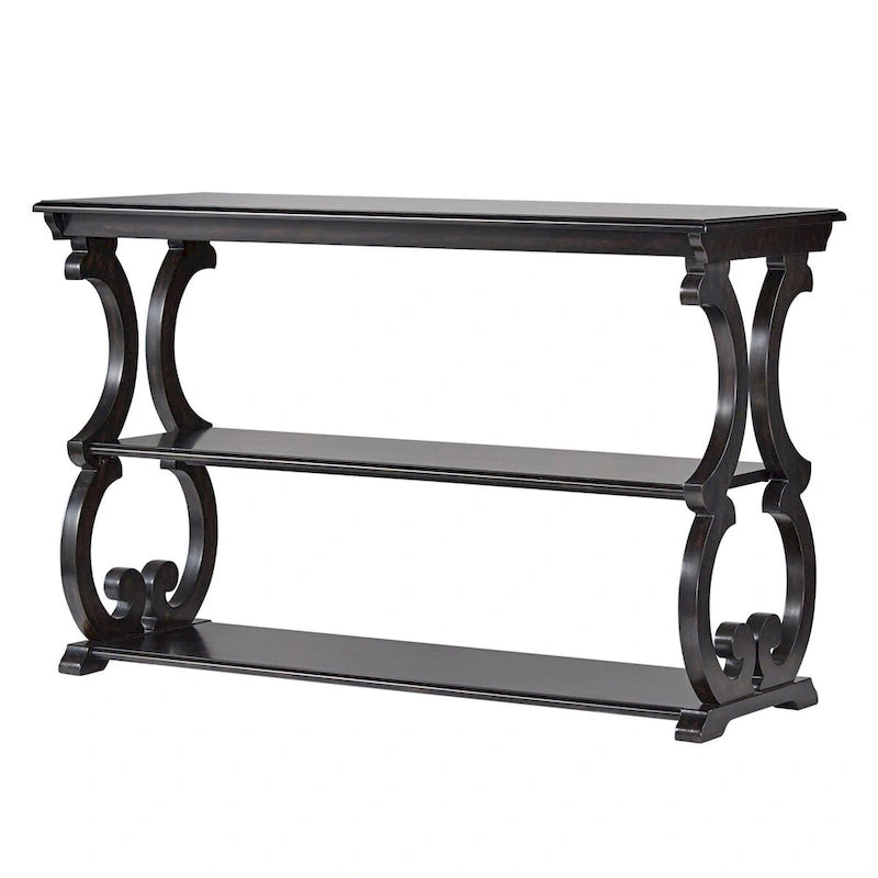 Wood Scroll Sofa Table Three-Tier Solid Wood Console with Storage