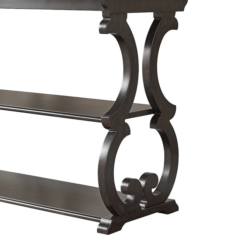 Wood Scroll Sofa Table Three-Tier Solid Wood Console with Storage