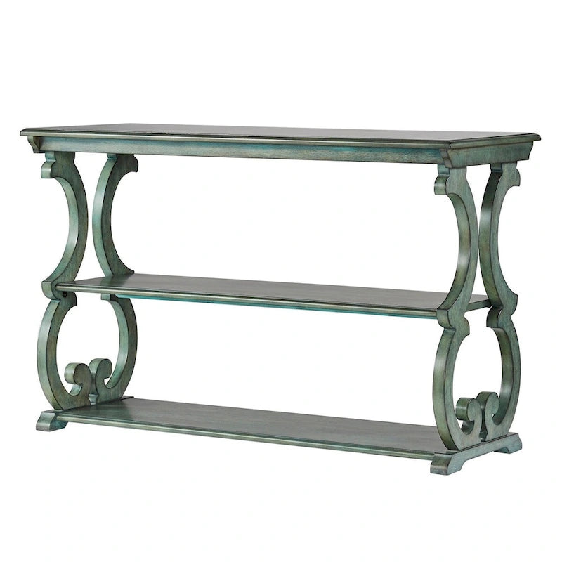 Wood Scroll Sofa Table Three-Tier Solid Wood Console with Storage