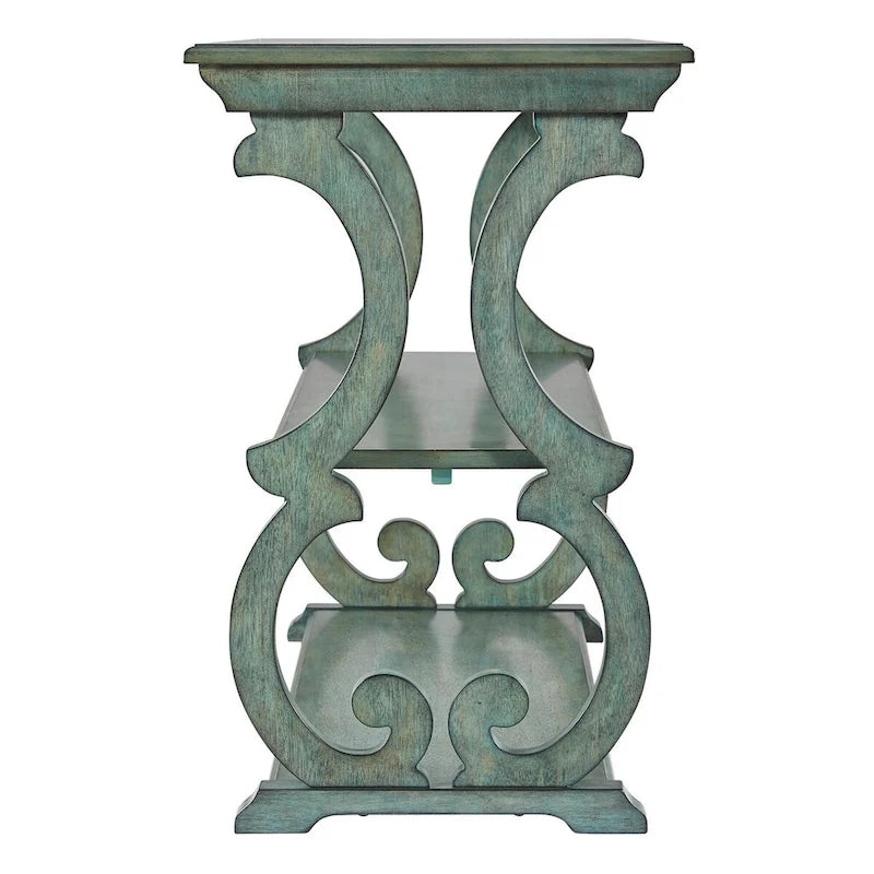 Wood Scroll Sofa Table Three-Tier Solid Wood Console with Storage