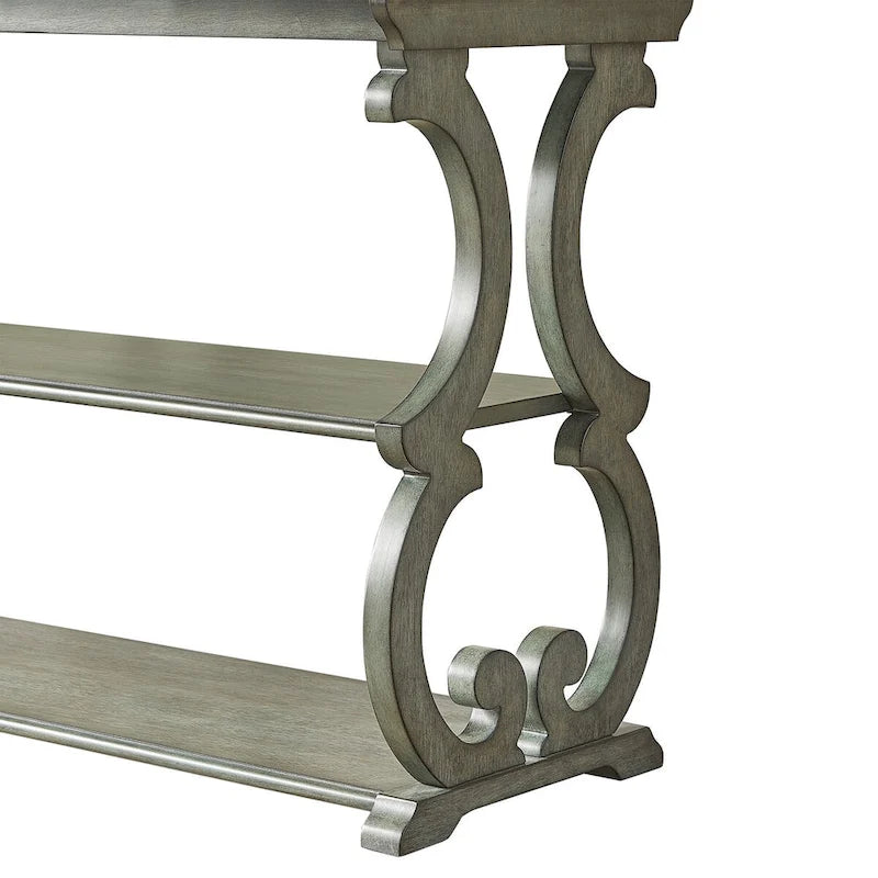 Wood Scroll Sofa Table Three-Tier Solid Wood Console with Storage
