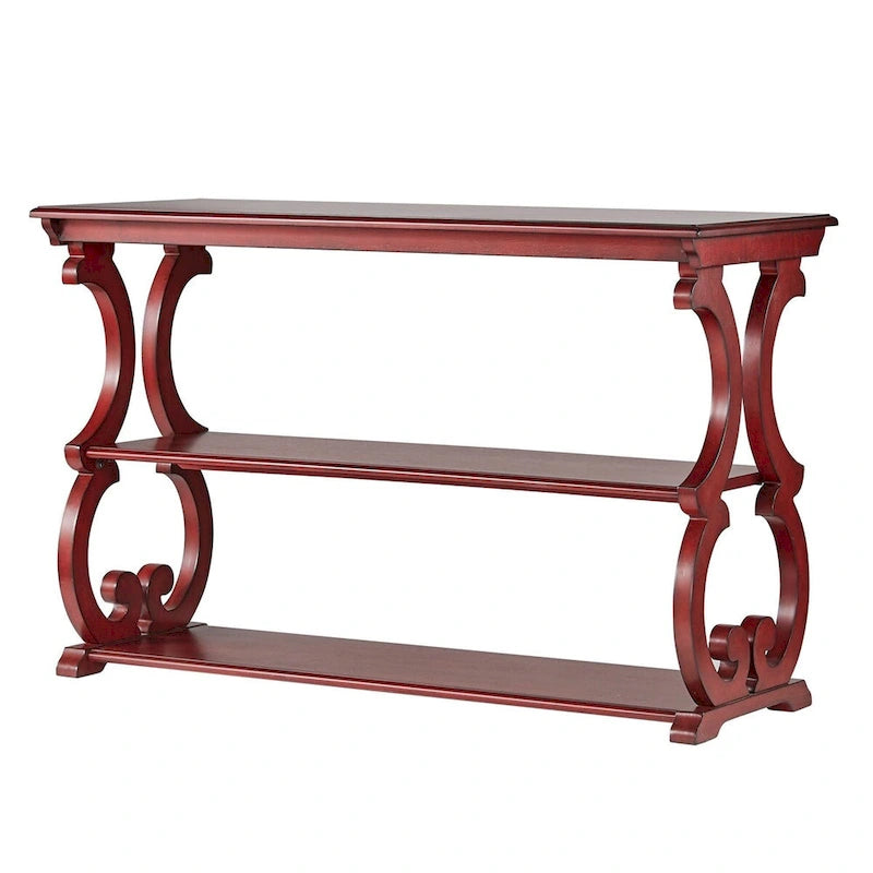 Wood Scroll Sofa Table Three-Tier Solid Wood Console with Storage