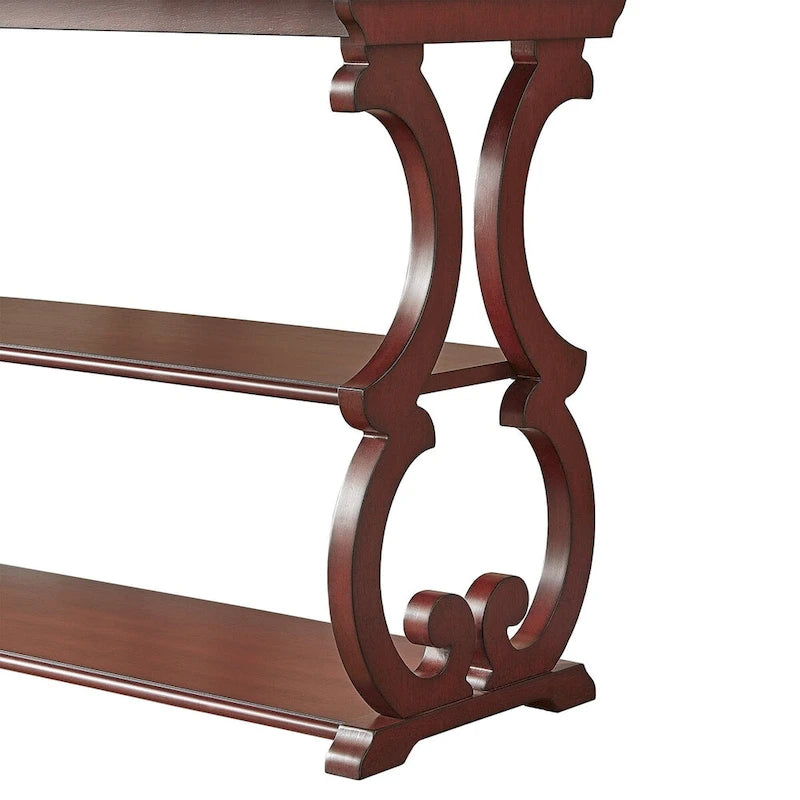 Wood Scroll Sofa Table Three-Tier Solid Wood Console with Storage