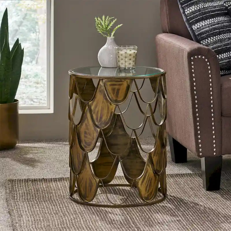 Boho Glam Fish Scale Tempered Glass Top Iron Frame Side Table