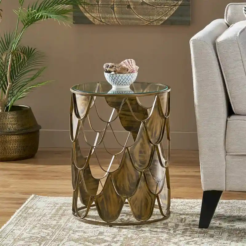 Boho Glam Fish Scale Tempered Glass Top Iron Frame Side Table