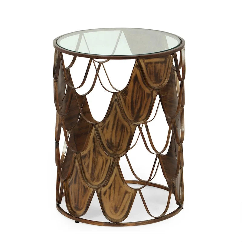 Boho Glam Fish Scale Tempered Glass Top Iron Frame Side Table