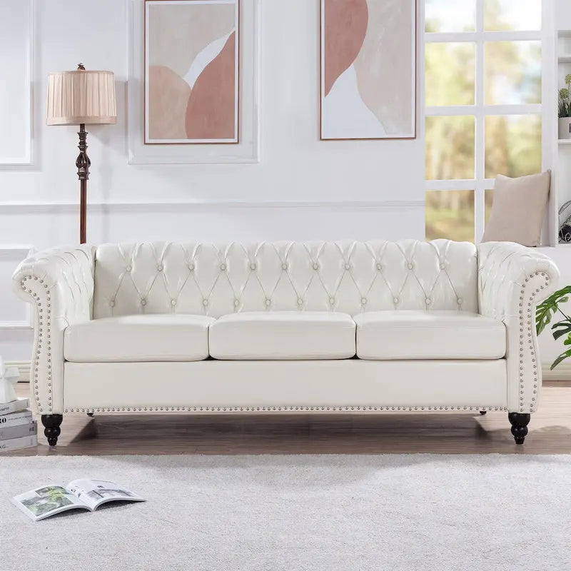 Cream 84.65 Traditional Chesterfield 3 Seater Sofa, PU Leather